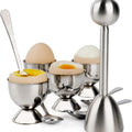 Egg Cracker Topper Set Soft Hard Boiled Eggs Separator Holder Include 4 Egg Spoons and 4 Egg Cups 1 Shells Remover Top Cutter Stainless Steel for Breakfast Kitchen Tool