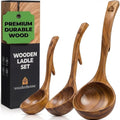 Wooden Ladle for Soup, 3 Size Teak Wood Ladle Spoon with Back Hooks for Pot & Bowl, Non-Stick Wooden Spoon Set for Cooking, Serving and Stirring