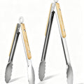 Stainless Steel Kitchen Tongs with Oak Wood Handle - Heat Resistant, Heavy Duty Locking Tongs for Cooking, BBQ, Salad, and Serving - Set of 2 (9" and 12") - Dishwasher Safe, Food Grade, No Rubber