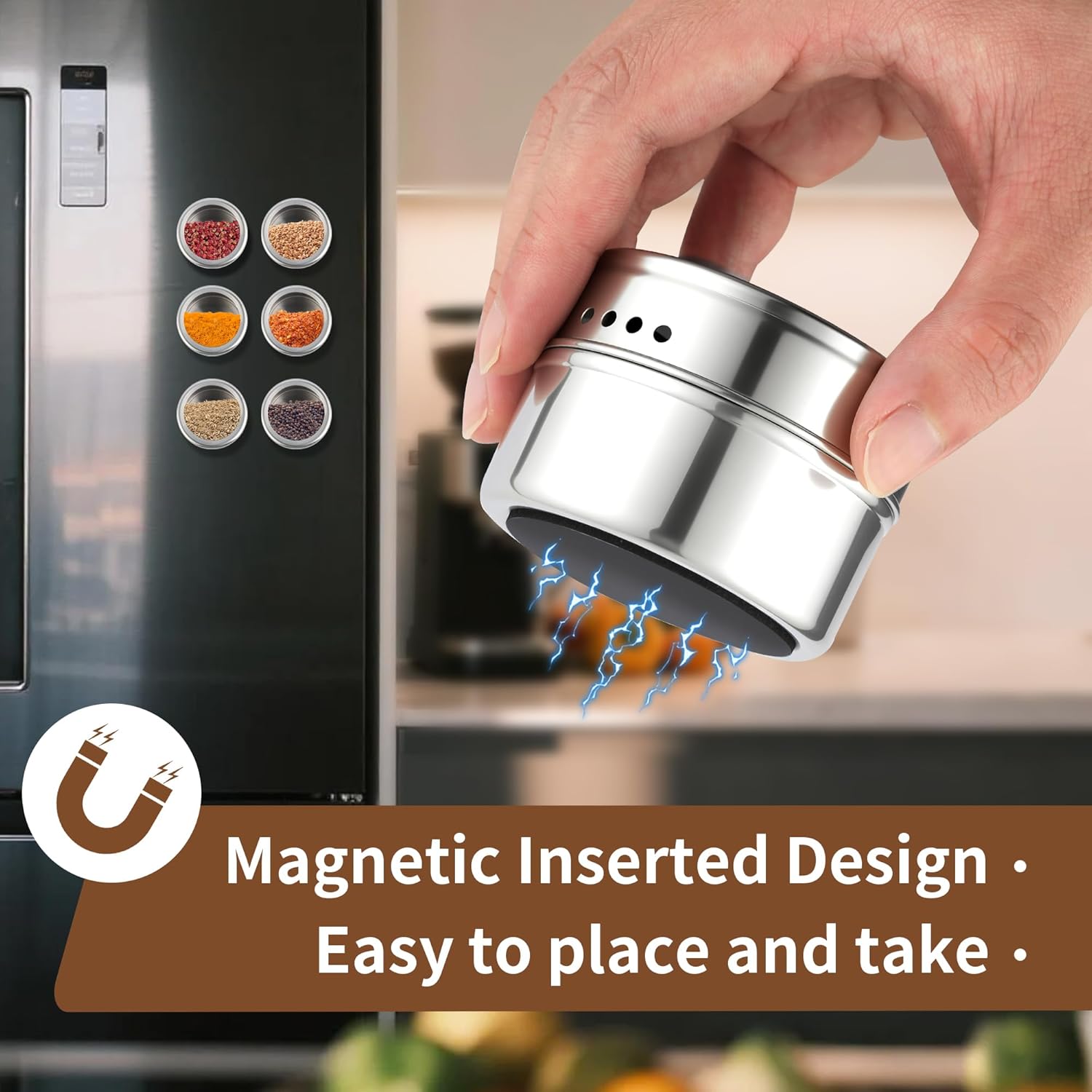 12pcs Stainless Steel Spice Jars, Magnetic Condiment Tins Magnetic Spice Jar With Clear Lid And Holes Sift&Pour - Easy To Clean