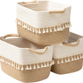 TeoKJ Woven Storage Bin Set of 3, Cotton Rope Basket for Storage, Clothes Boho Basket Bin for Organizing, Fabric Basket for Books, Plants, Pet Treats, White & Jute