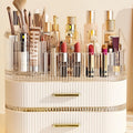 Makeup Organizer with Drawers and 360° Rotating Brush Holder, Large Capacity Cosmetic Storage for Vanity, Skincare, Perfume, Hair Accessories, Lipstick & Jewelry (Cream White, 3-layer)
