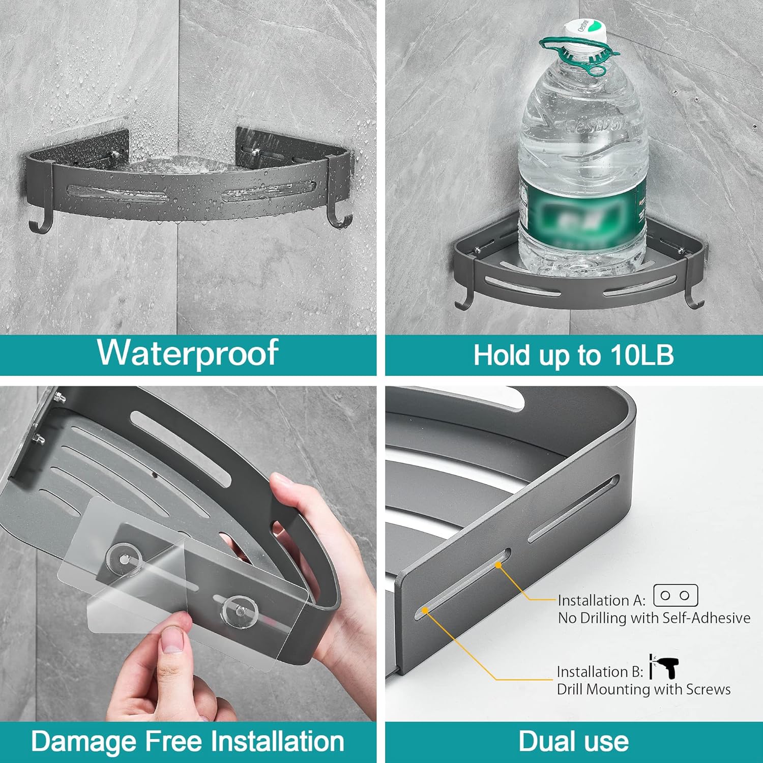 2-Tier Corner Shower Shelf No Drilling Bathroom Shelves Shower Caddies Adhesive Bath Corner Shelf Wall Mounted Bathroom Shower Caddy Organizer - Dark Grey